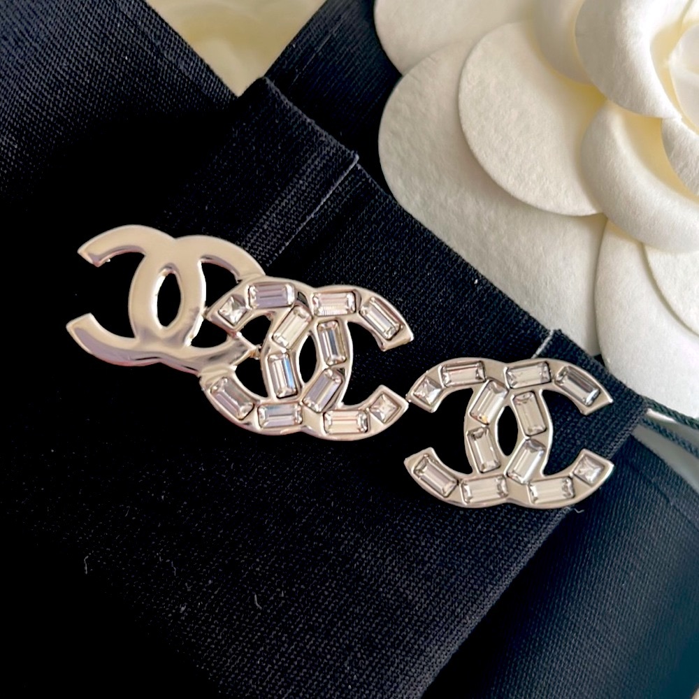 Chanel CC Crystal Stud Earrings Silver